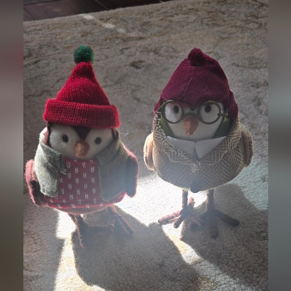 Festive holiday bird figurines in full garment